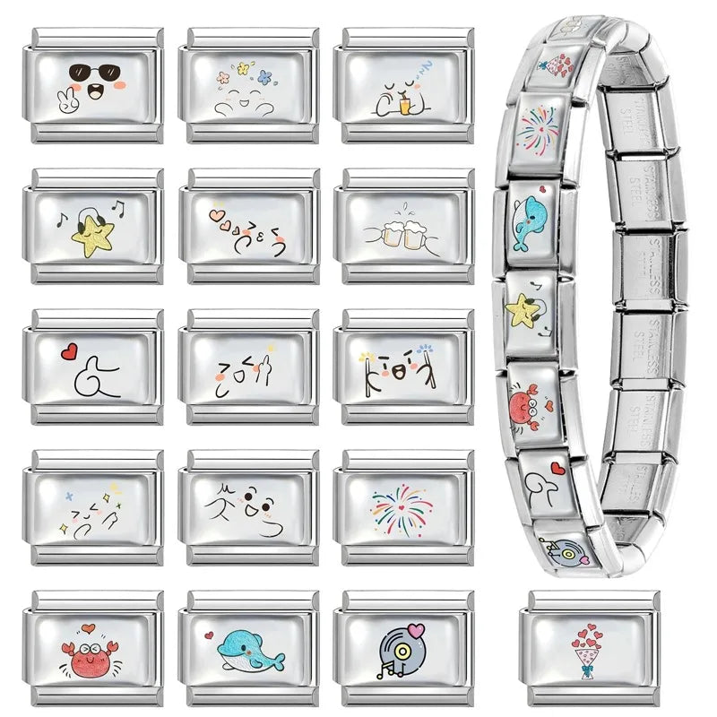 Fashion Kawaii Cute Dolphin Crab Cats Italian Charm Link Fit 9mm Bracelet Stainless Steel Jewelry DIY Making Gift for Women Girl Qme