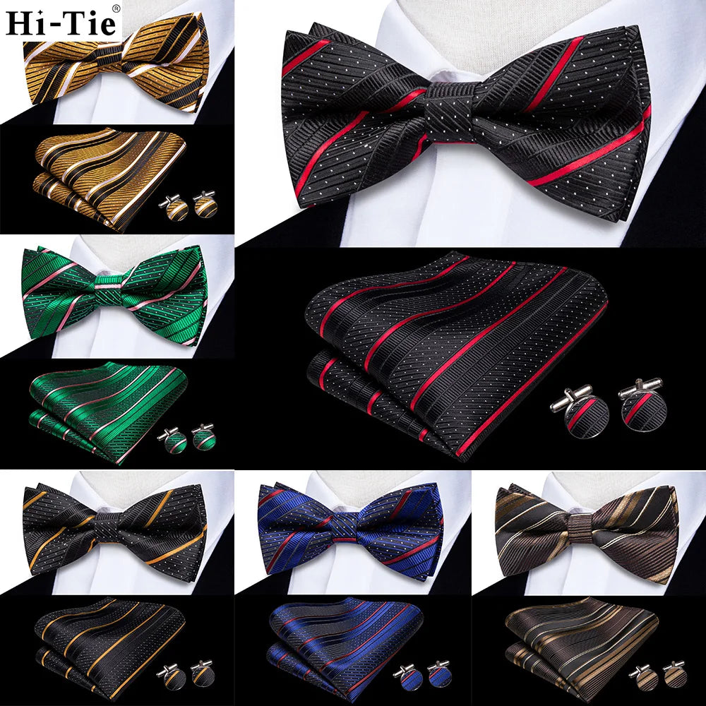 Hi-Tie Striped Black Red Mens Bow Tie Hankerchief Cufflink Pre-tied Silk Butterfly Knot Bowtie for Male Business Party Wholesale Qme