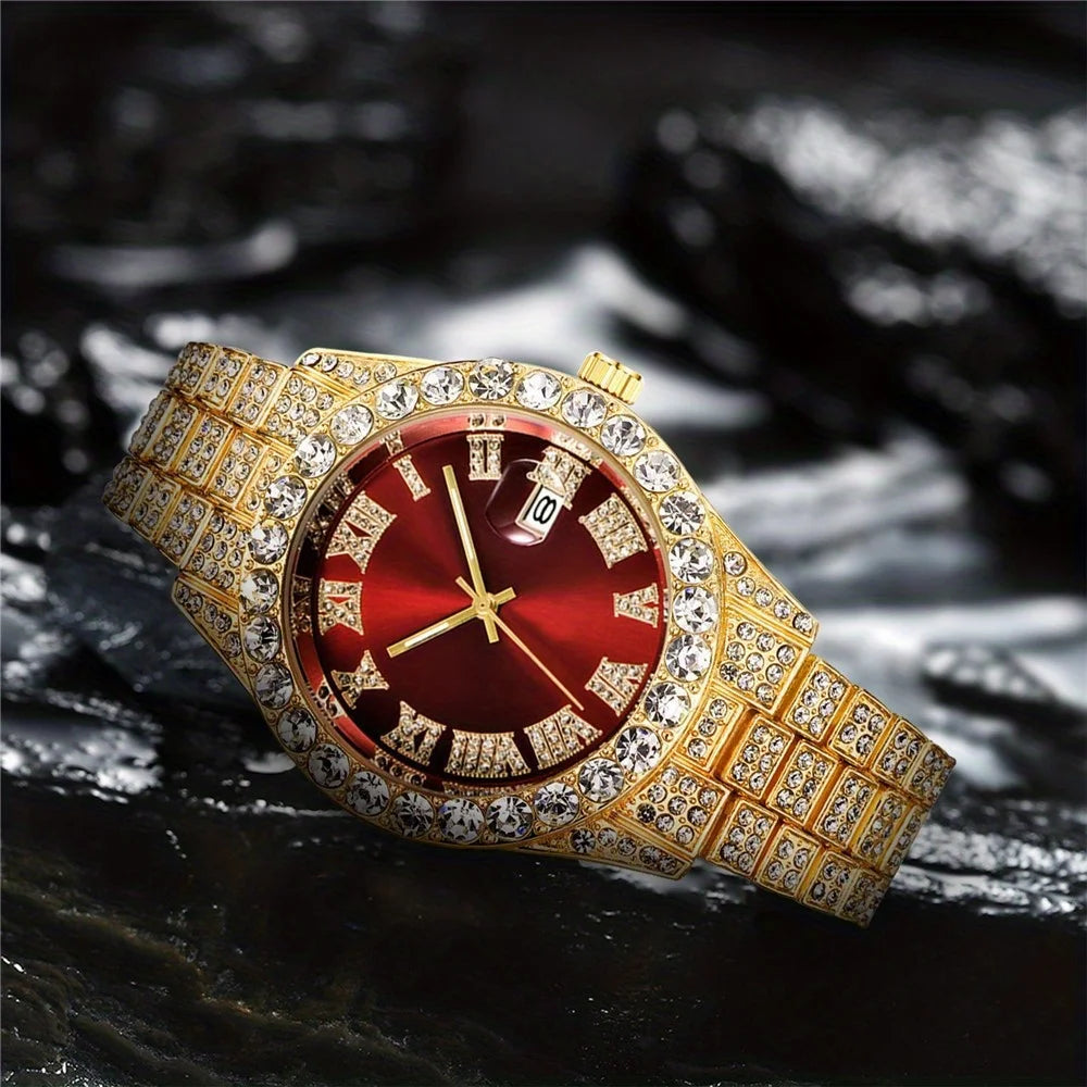 Mens Hip Hop Watch VintagInspired Retro Quartz Timepiece with Oversized Rhinestone Dial and Durable Stainless Steel Band for Men Qme Golden Red