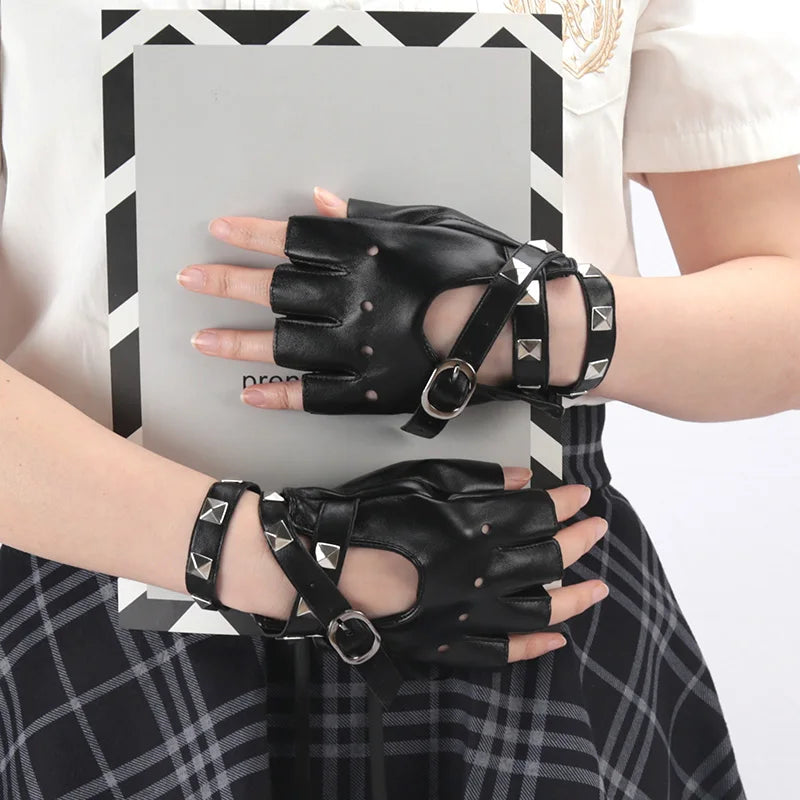 Black Sexy Bandage Rivet Gloves Personality Buckle Straps Punk Women Qme