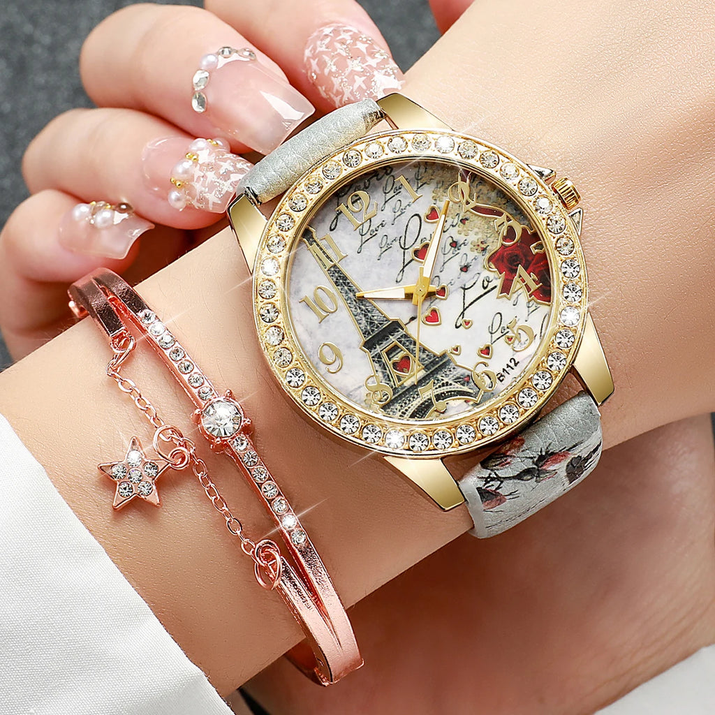 Sweet Dating Floral Print Leather Watch Set, 4-in-1 Marble Stone Charm Bracelets & Crystal Wristwatch Gift for Girls Qme 2PCS B No Box-1