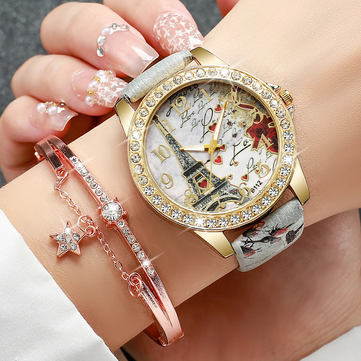 Sweet Dating Floral Print Leather Watch Set, 4-in-1 Marble Stone Charm Bracelets & Crystal Wristwatch Gift for Girls Qme 2PCS B No Box-1