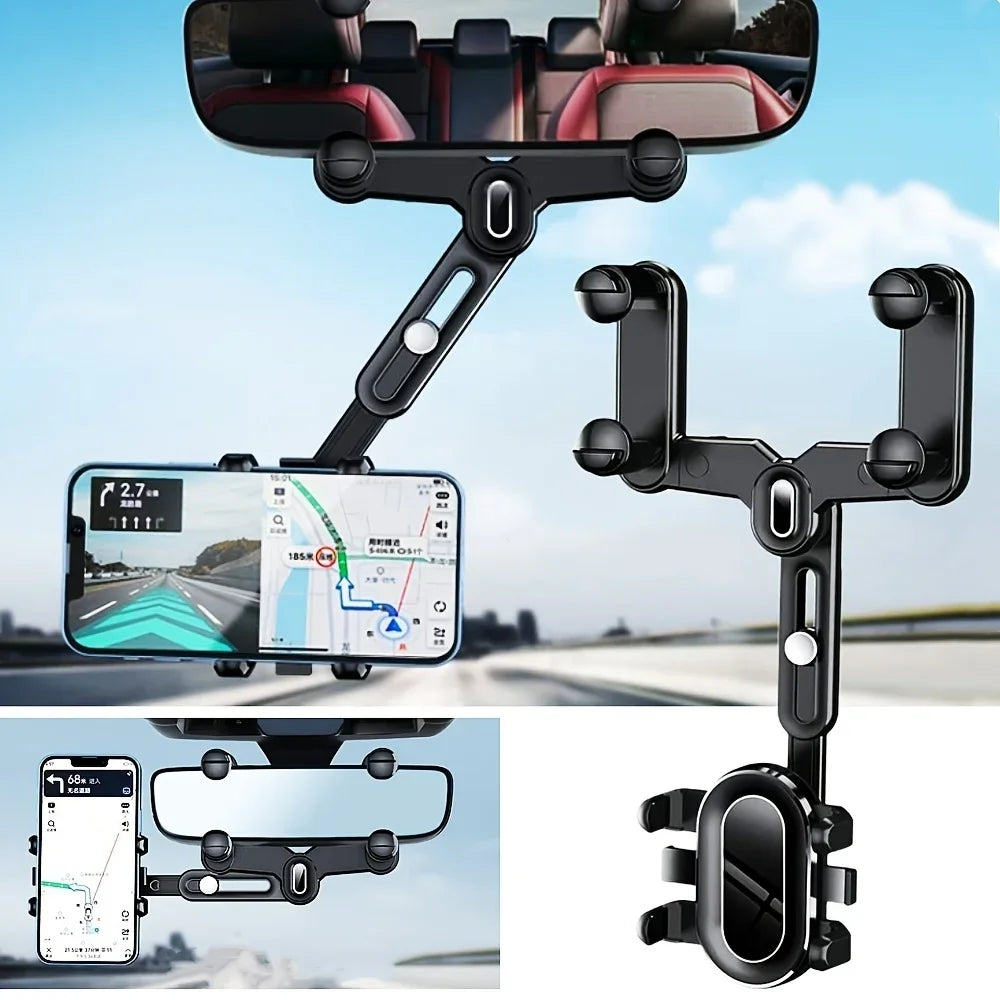 360° Rotating Car Rearview Mirror Phone Holder - Perfect for Kids and Adults - Compatible with Phones and GPS Devices Qme