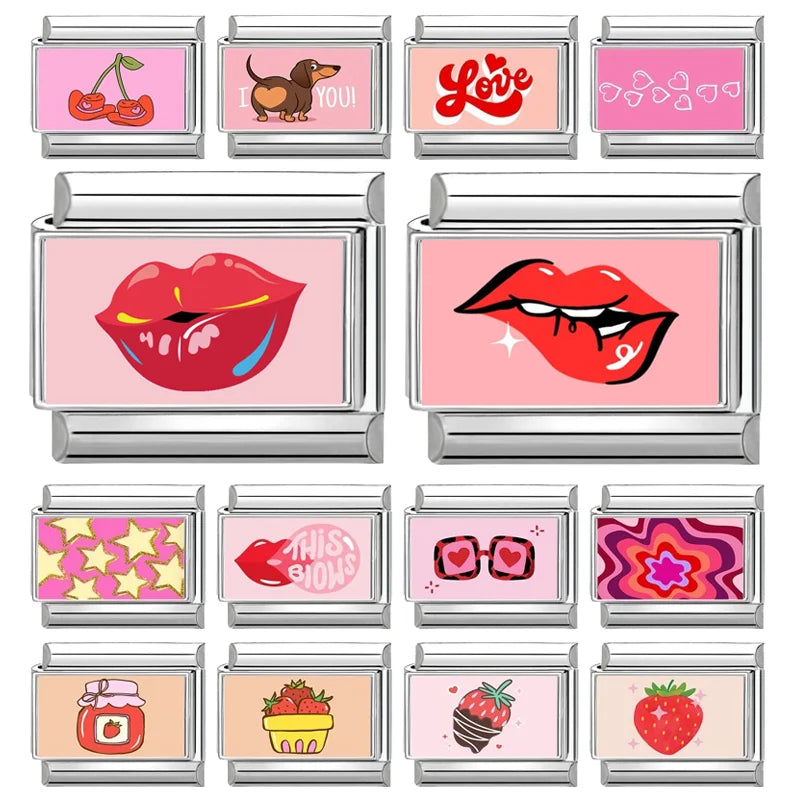 2026 Wholesale Fit 9mm Cute Pink Red Lip Yellow Stars Love Heart Italian Charm Stainless Steel Link Making DIY Jewelry Bracelets Qme