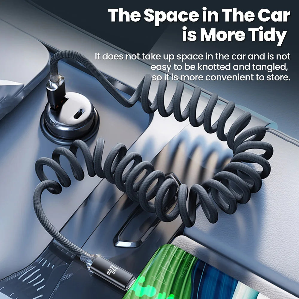 120W Car Spring Cable USB Type C Cable Retractable Spring Fast Charging Data Cord Dual PD Quick Charge Cable For iPhone Samsung Qme