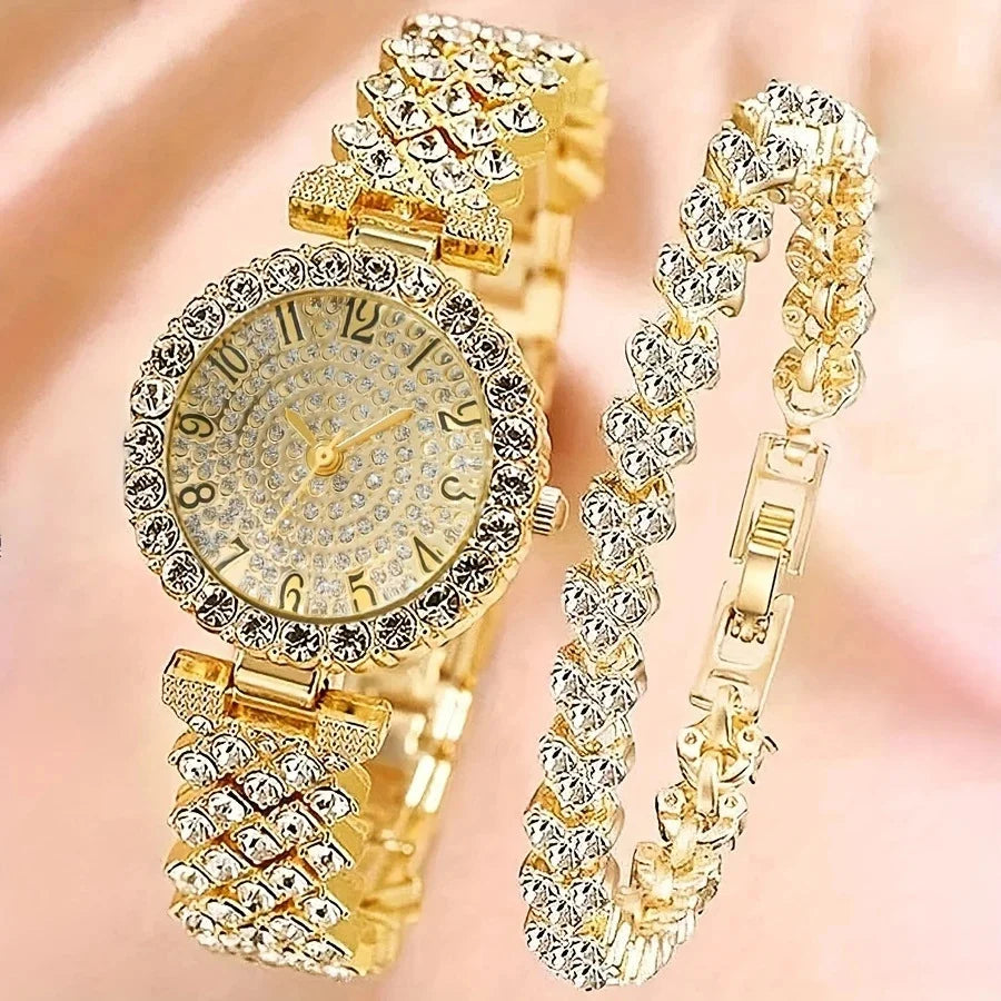 New Women's Watch Butterfly Series Fashion Style Versatile Personality Full Diamond English Steel Belt Watch Qme Gold 2