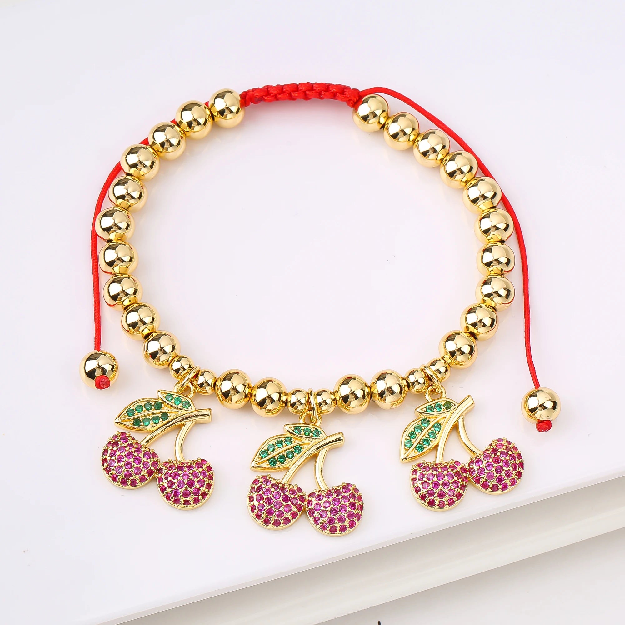 Gold-Plated Copper Bead Chain Braid Crystal Red Cherry Bracelet for Woman Female Daily Party Wrist Jewelry Friendship Gift Qme 9