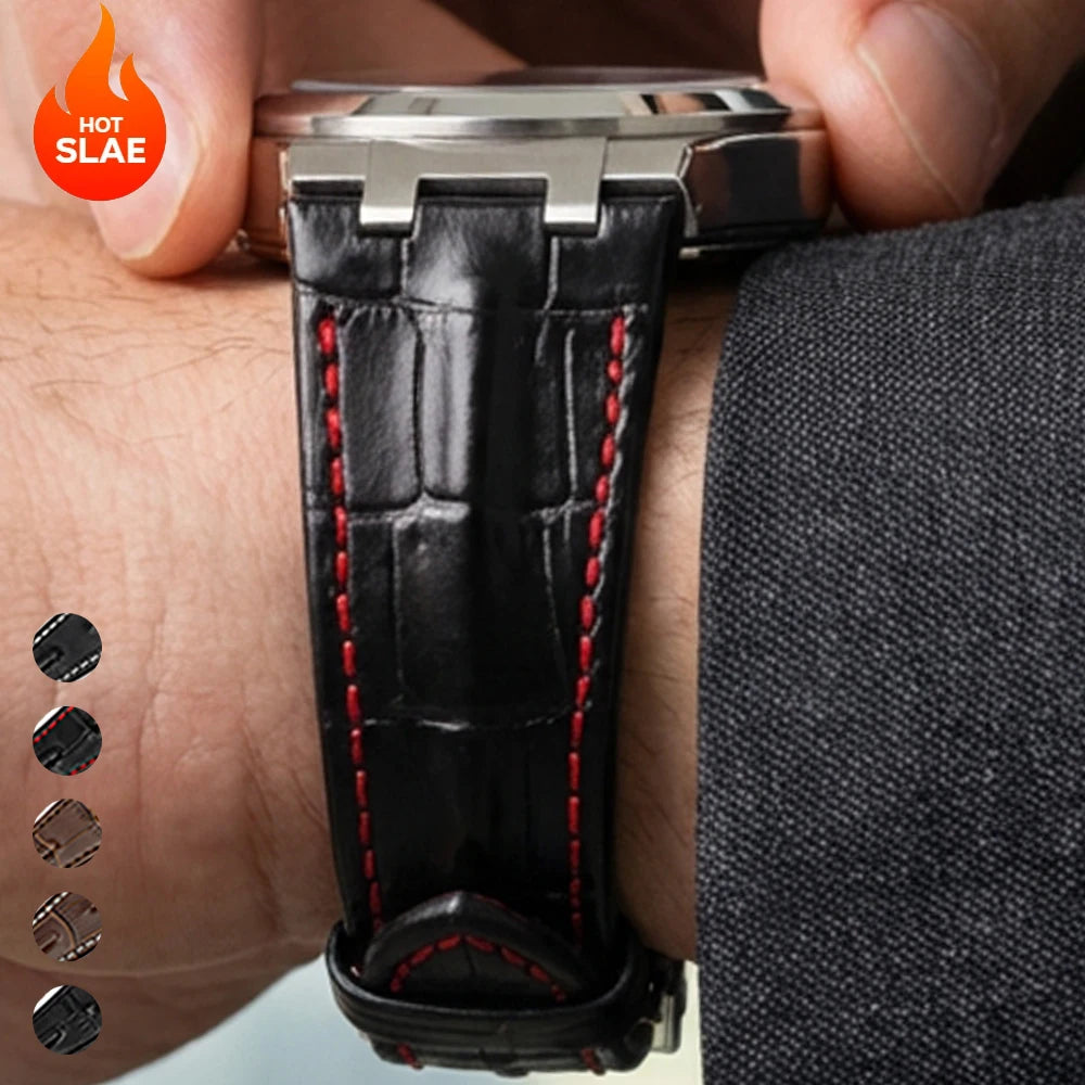 28MM Luxury Cow Leather Watchband for AP Series 15710 15703 15706 26470 26471 26474 Soft 28mm Watch Strap Folding Buckle Qme