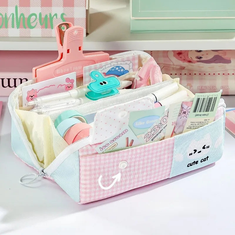 Large Capacity Cute Polka Dot Cat Pencil Case Student Pen Pouch Qme