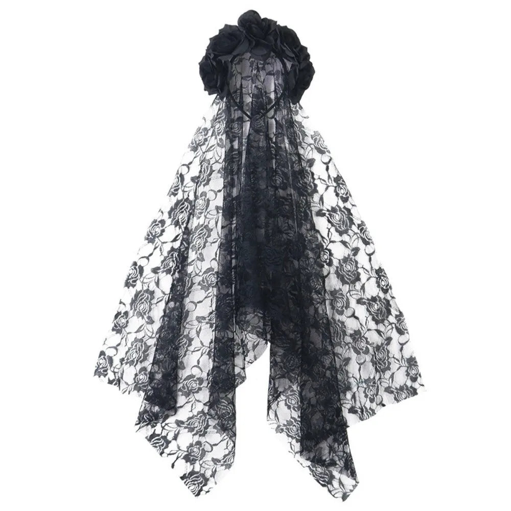 Gothic Ghost Bride Headband Simulation Rose Skull Pattern Halloween Rose Headband Lace Mesh Skull Mesh Veil Hairband Qme Style 2