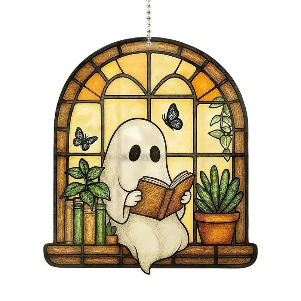 2D Halloween Ghost Reading Book Suncatcher Hanging Decor Acrylic Window Hanging Ornament Colorful Shadow Home Decorations Qme G