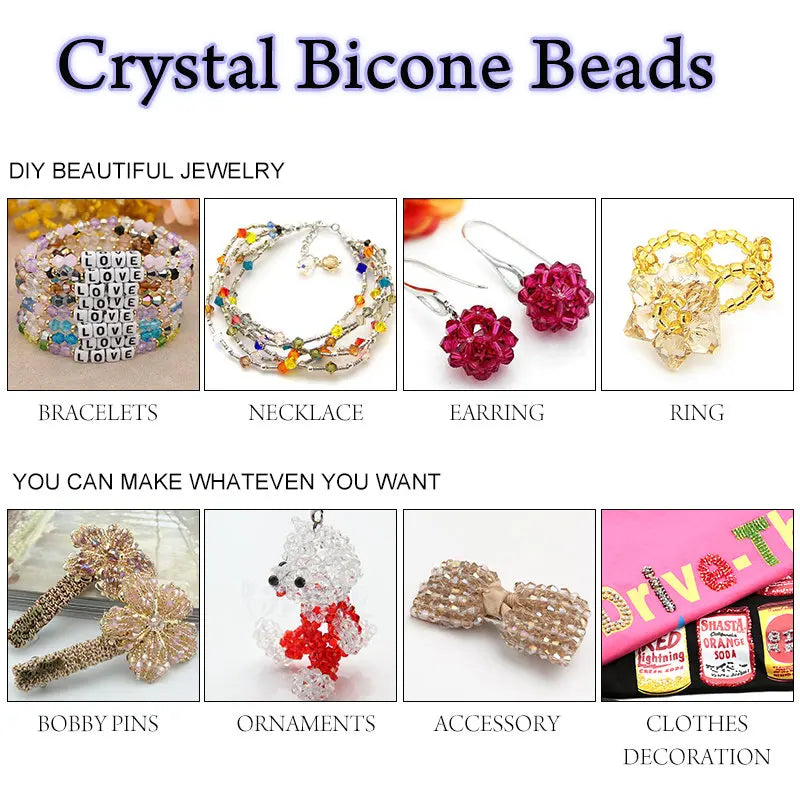 100Pcs 4MM Glass Beads Bicone Shaped Beads Faceted Crystal Beads for Jewelry Making Bracelet Necklace Earrings DIY Beading Qme