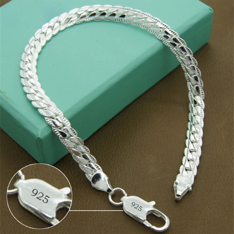 925 Sterling Silver Bracelet 18/19/20cm Flat Side Chain Lobster Clasp Bracelet For Woman Man Party Wedding Jewelry Holiday Gift Qme WHITE 18cm