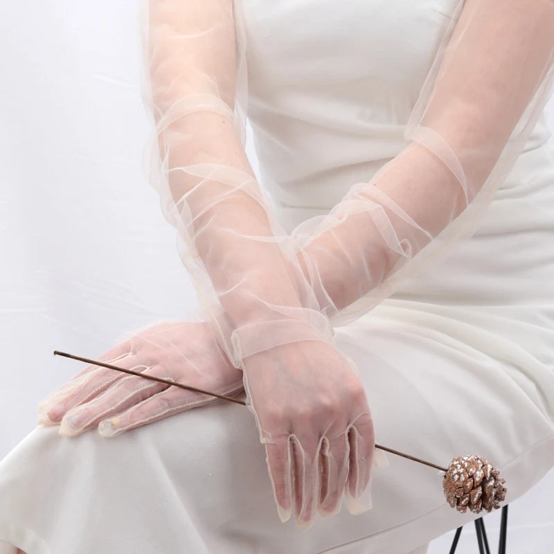 Women's Sexy Transparent Gloves Long Tulle Ultra Thin Full Finger Qme Beige 55cm