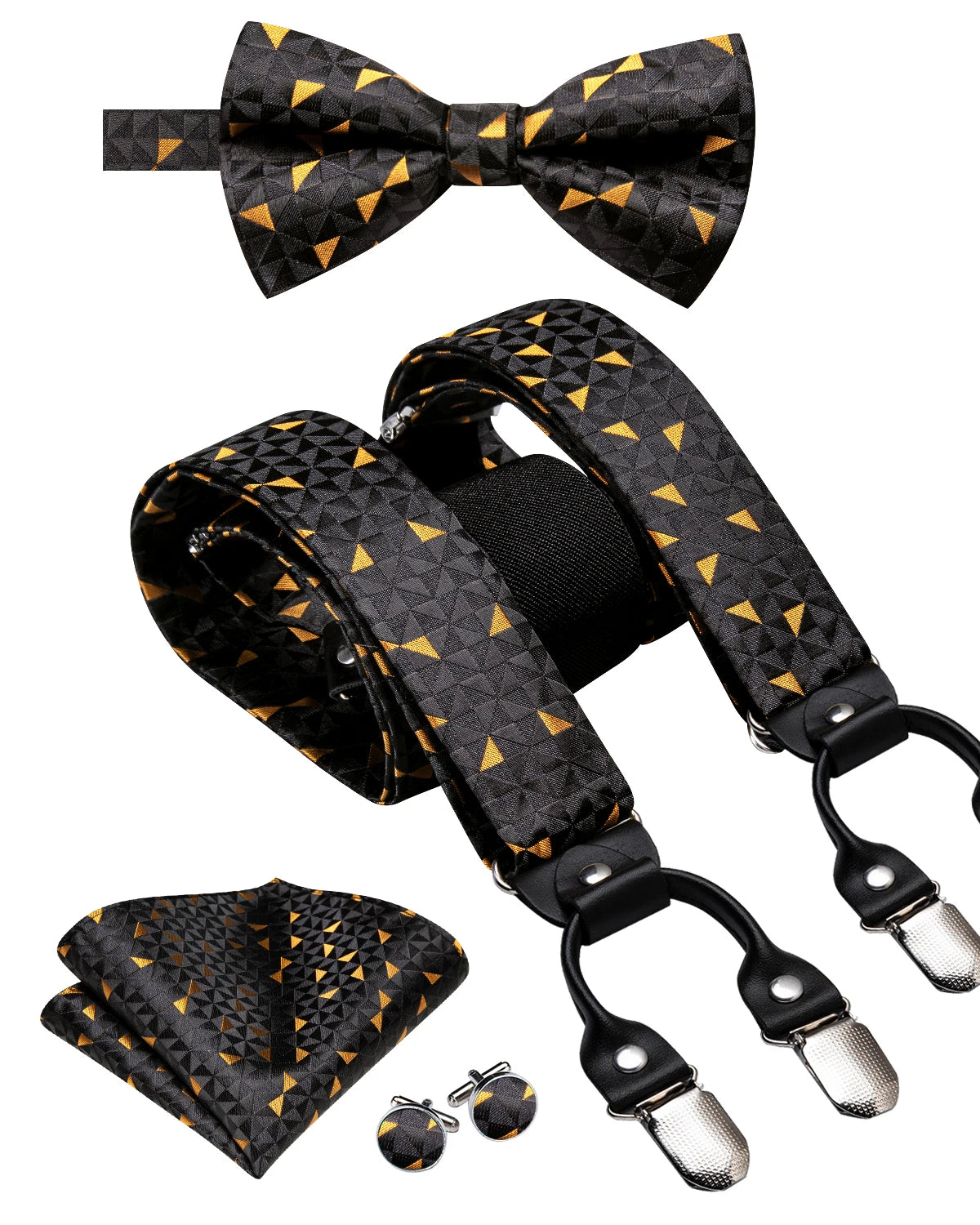 Hi-tie Jacquard Woven Silk Gold Mens Suspender Braces Bow Tie Hanky Qme BD-3068