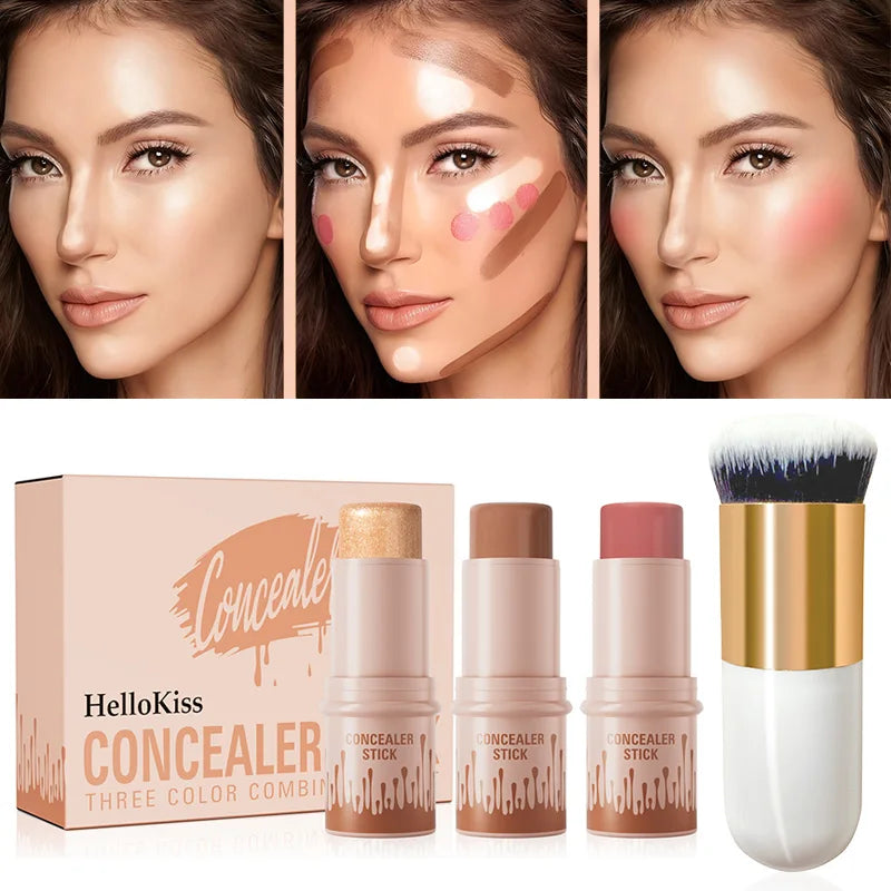 4pcs Set of Contour Stick, Highlight Stick, Blush Stick, Contour Brush, Shapes the Face Contour, Non-Greasy, Waterproof Qme