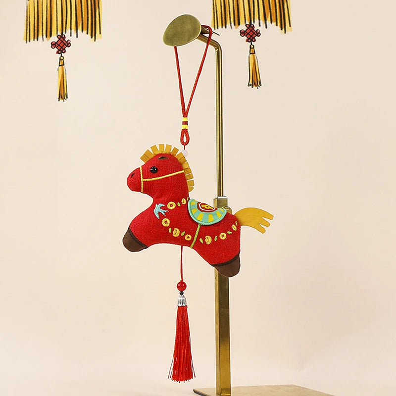 Cute Zodiac Horse Pendant Red Car Keychain Pendant Embroidery Doll Mascot New Year Chinese Style Gifts Decoration Accessories Qme A1