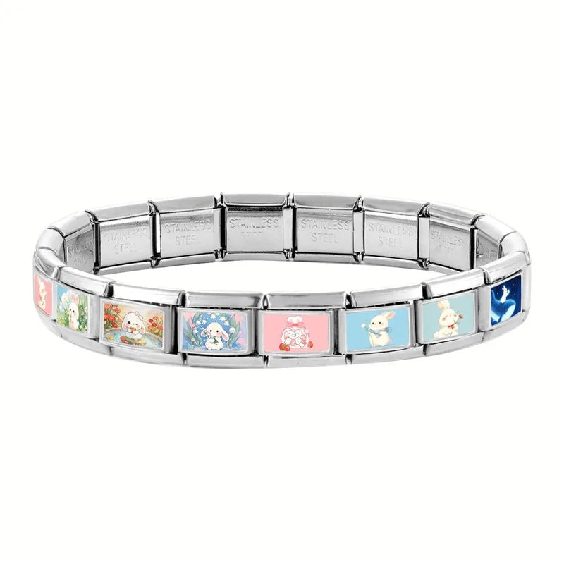 Y2K Pink Design Lovely Rabbits Tulip Flowers Strawberry Italian Charm Links 9mm Bracelets Bangle Stainless Steel DIY Making Gift Qme