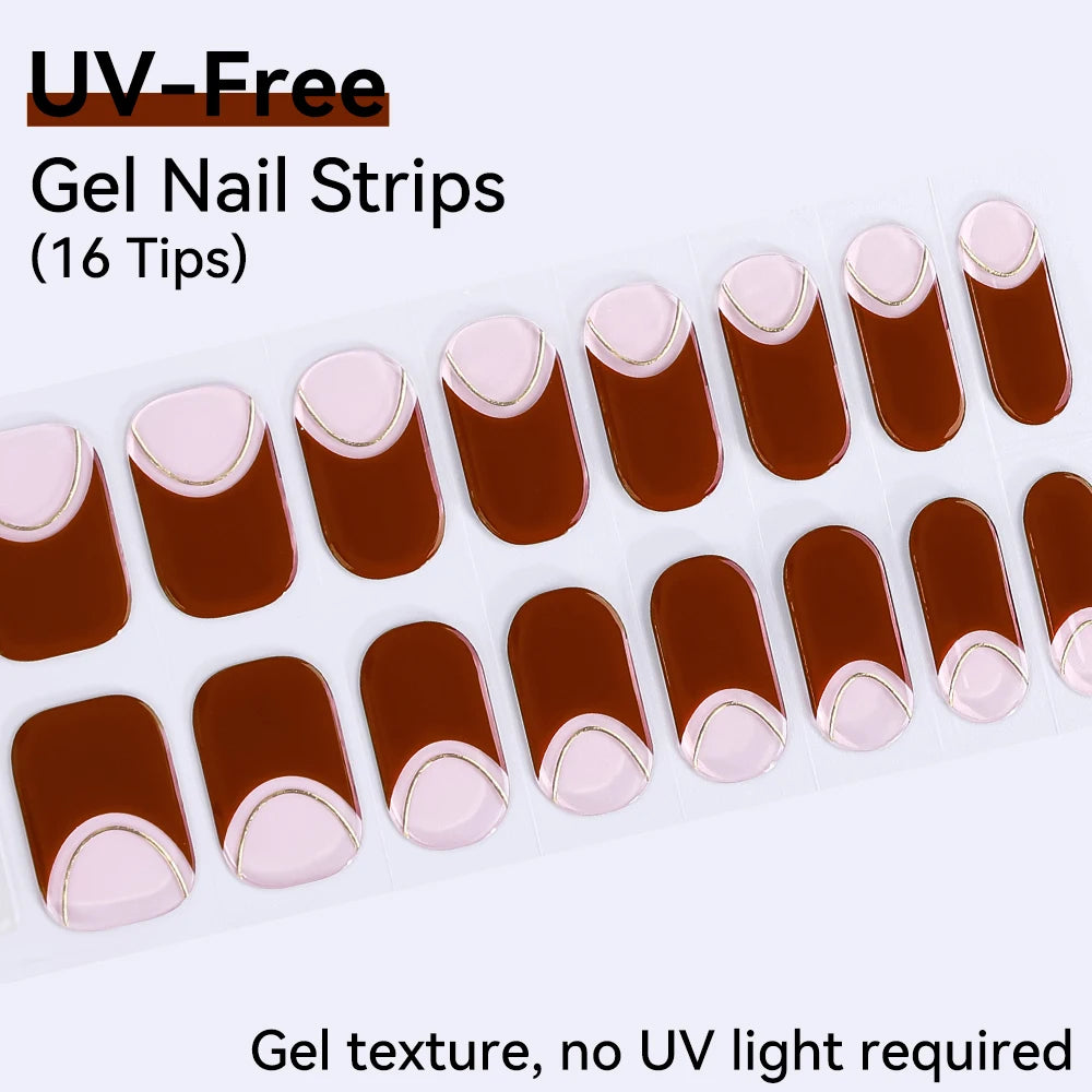 16Tips Pink Red French UV-Free Gel Nail Stickers Sparkly Shinning Qme CMK-0039