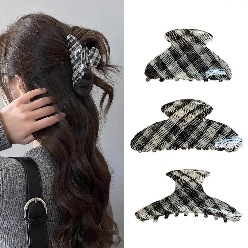 Elegant Plaid Series Acrylic Hair Claw Classic Retro Clips Trendy Qme