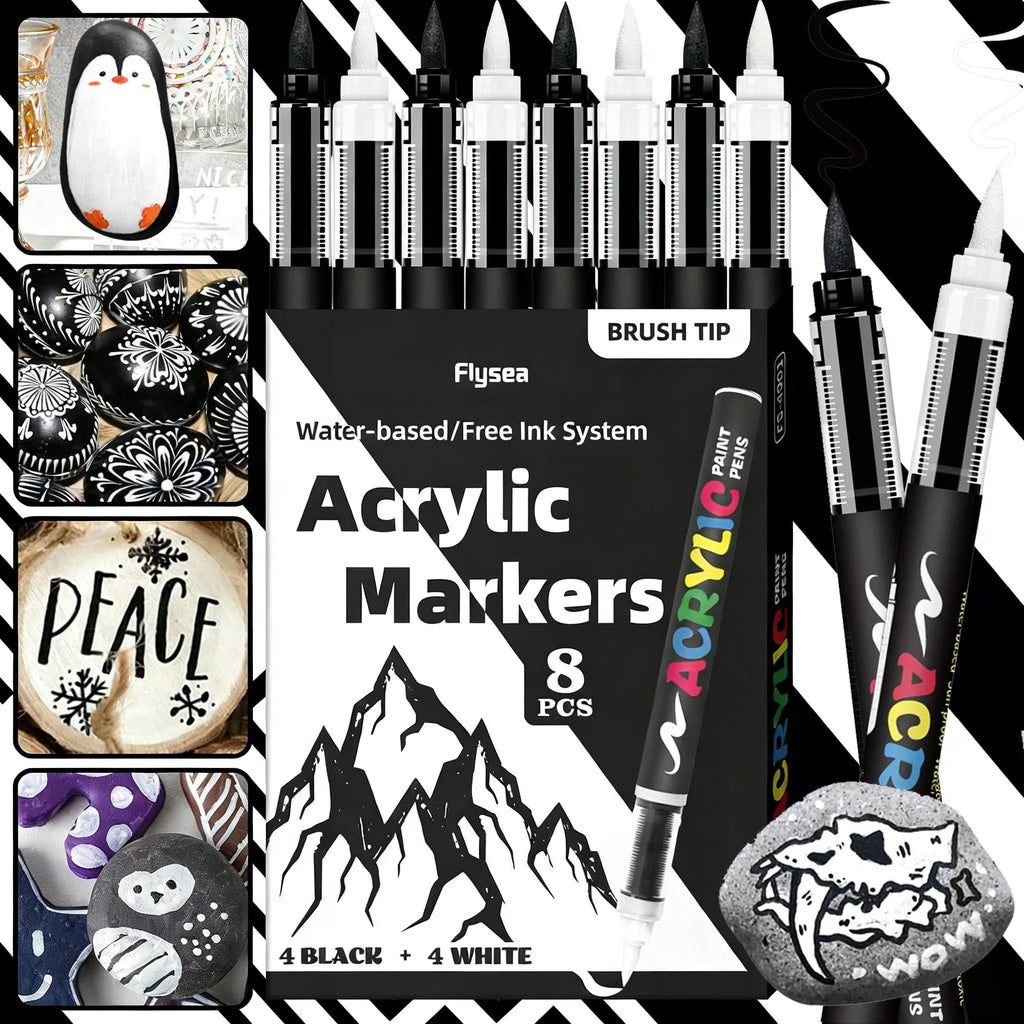 8pcs Black and White Acrylic Paint Markers Set, Large Ink Capacity, Acrylic Markers for Illustration Sketching, Wood, Glass Qme