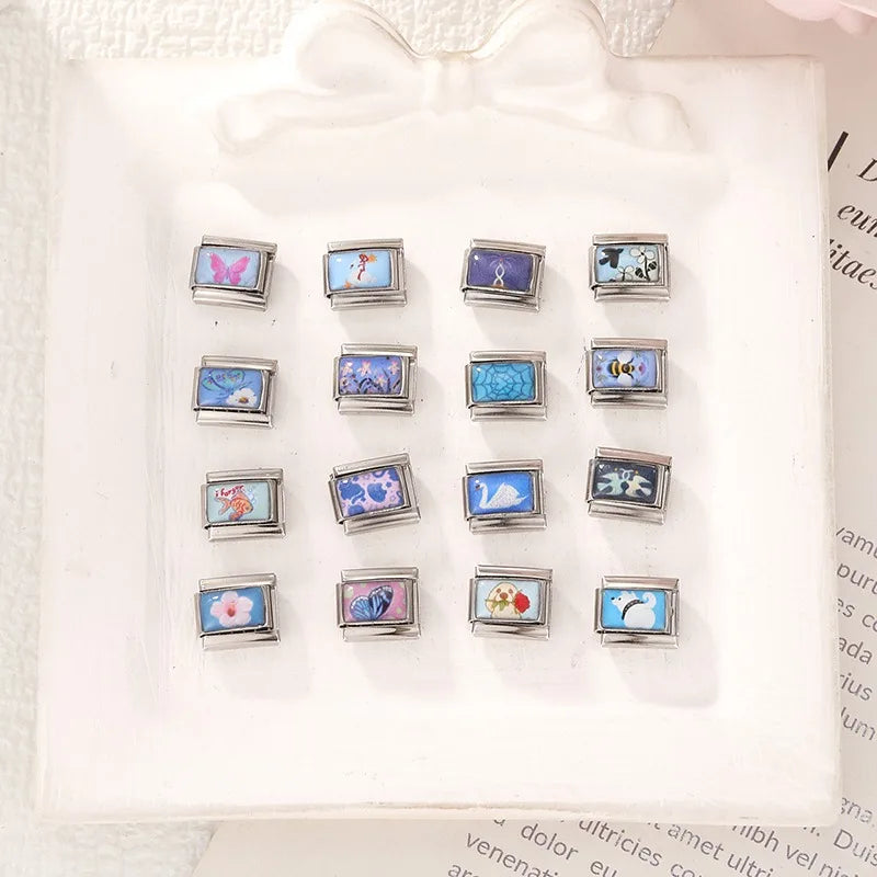 New Y2K Colorful Flowers Butterfly Bees Rose Dogs Swan Italian Charm Links Fit 9MM Stainless Steel Bracelet DIY Making Jewelry Qme