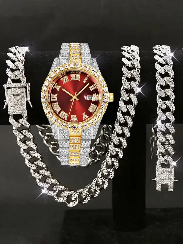 Hip hop Watch Set with Diamond Bracelet Necklace Quartz Hiphop Watch Essay Watch Large Dial Set Qme Gold