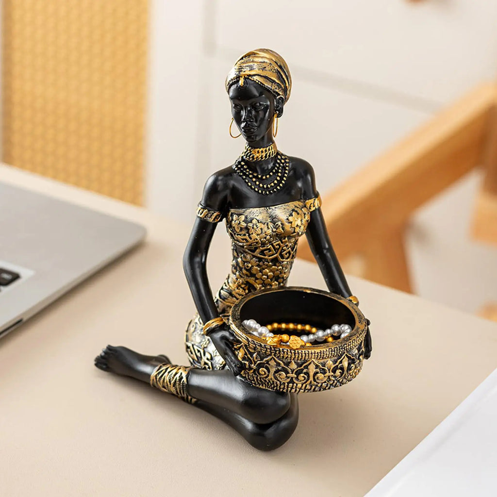 African Figurines Resin Table Storage Organizer African Woman Statues Storage Holder for Candy Jewelry Ring Key Earring Home Qme