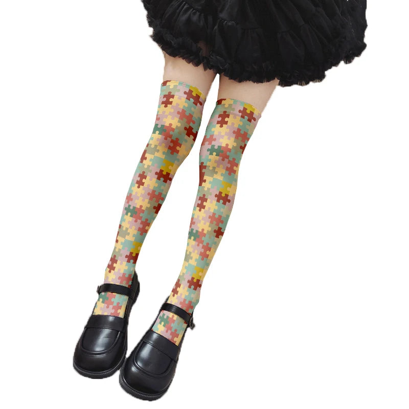 Novelty Puzzle Pattern Stockings Harajuku Sexy Plaid Knee Socks Qme style1 One Size