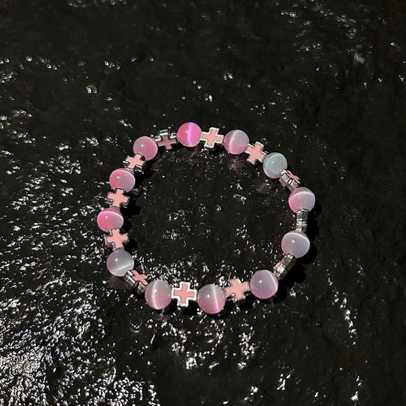 Fashion Cross Beaded Bracelets For Women Men Ins Style Cat's Eye Stone Couples Bracelets Qme