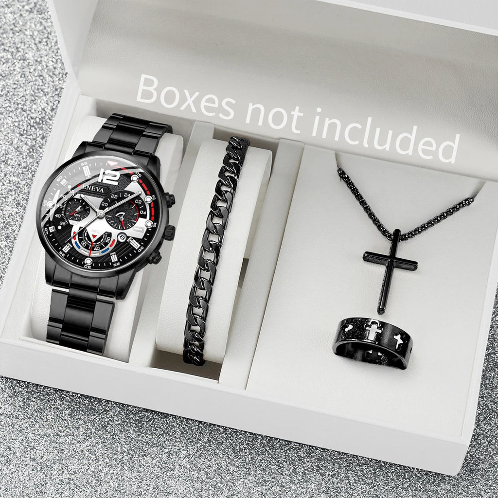Fashion Men Watches Black Steel Band Business Quartz Watch Jewelry Qme 3PCS Set Without Box