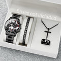 Fashion Men Watches Black Steel Band Business Quartz Watch Jewelry Qme 3PCS Set Without Box