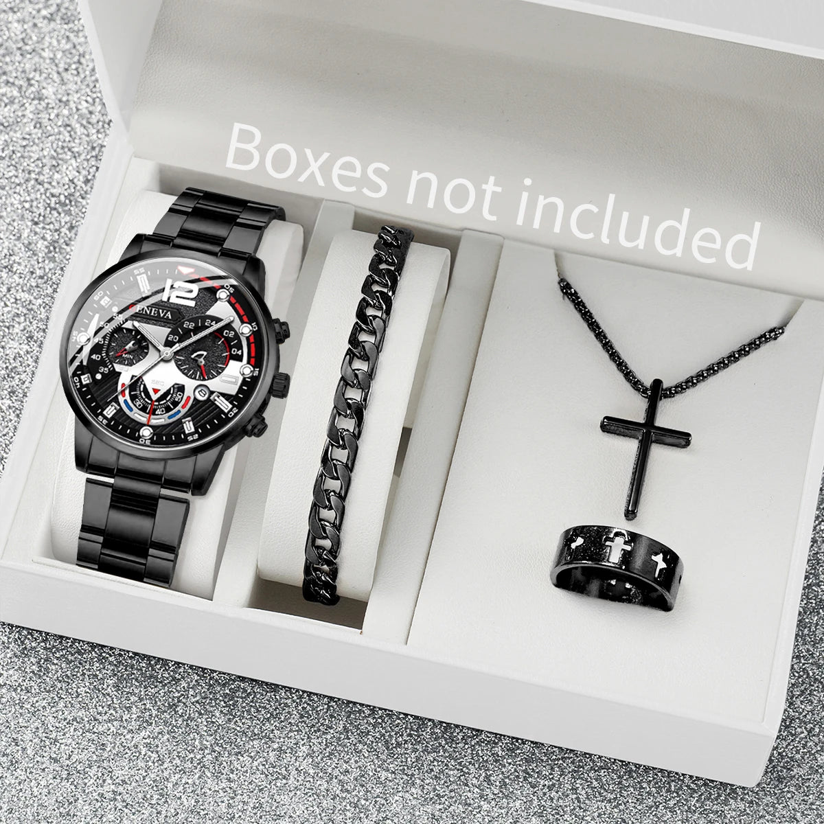 Fashion Men Watches Black Steel Band Business Quartz Watch Jewelry Qme 3PCS Set Without Box