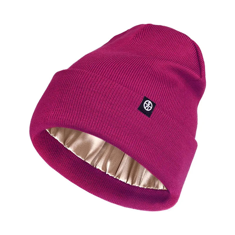 Caps Men Women Knitted Solid Silk Lined Hats Winter Outdoor Qme Rose Red One Size