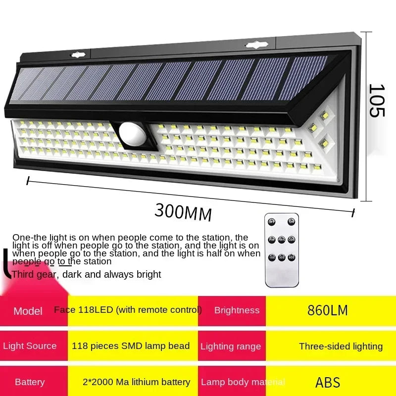 New 180LED Solar Wall Light 90LED Remote Control Wall Light 118 Outdoor Glare Lighting Sensor Light Super Waterproof Qme 118LED With remote