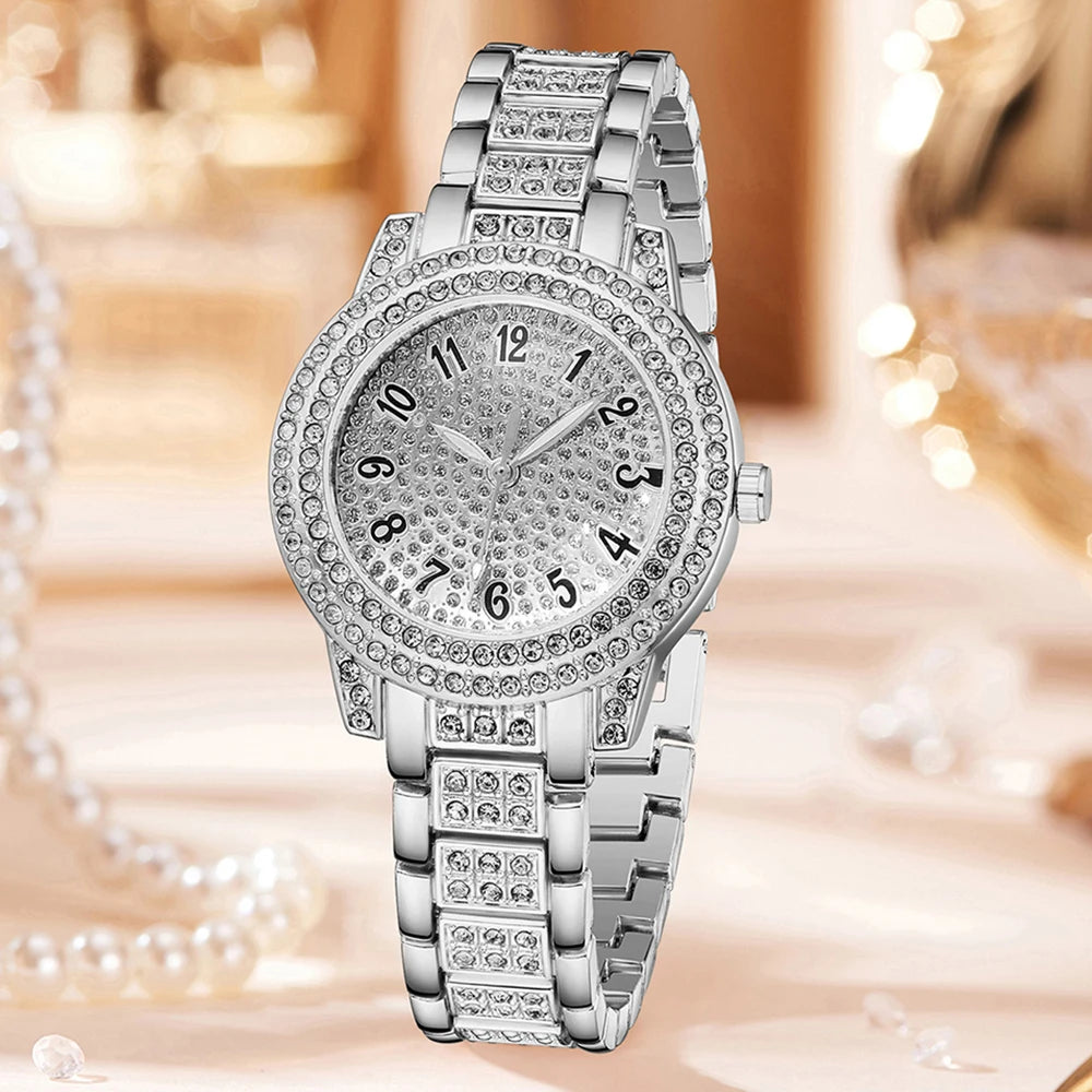Boutique Roman Pattern Diamond-Encrusted Ladies' Quartz Watch with Bracelet Women's Wristwatch Qme