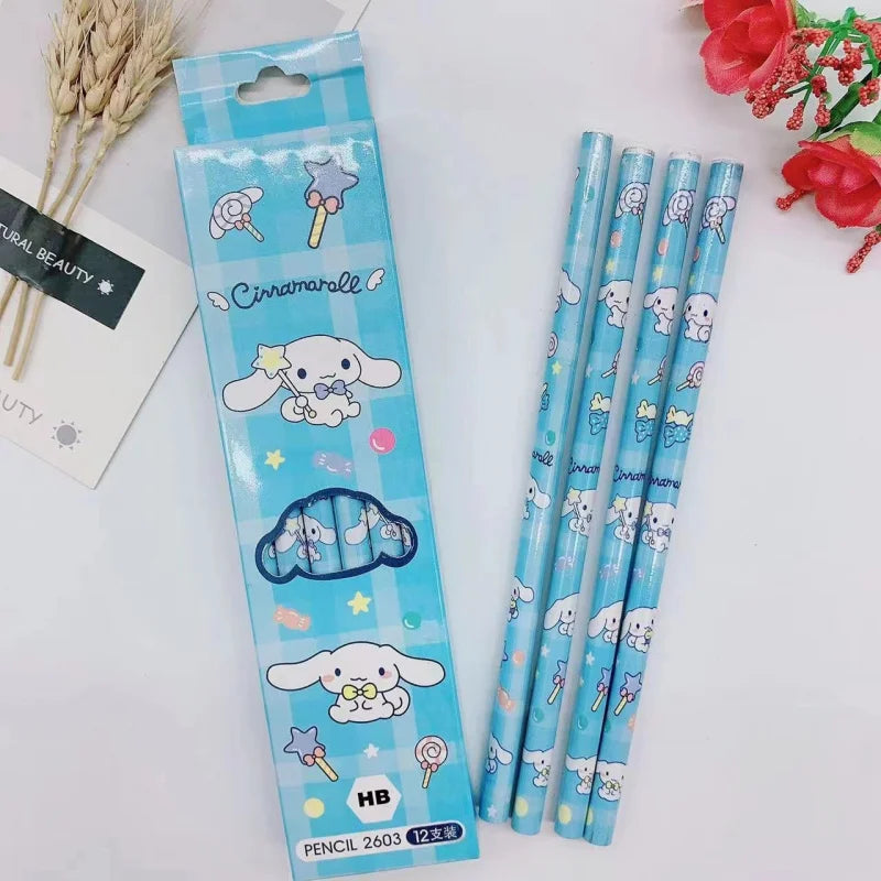 Hello Kitty Kuromi Pencil Case Set Cute Cartoon-Style Solid-Color 2B Pencils 12-Pack HB Writing Pencils Qme