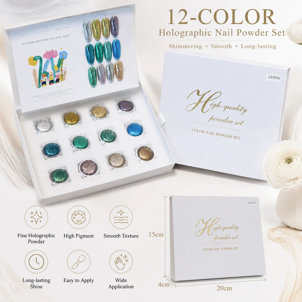 12-color Green Nail Polish Mirror Powder Includes Chart Storage Box Qme 01
