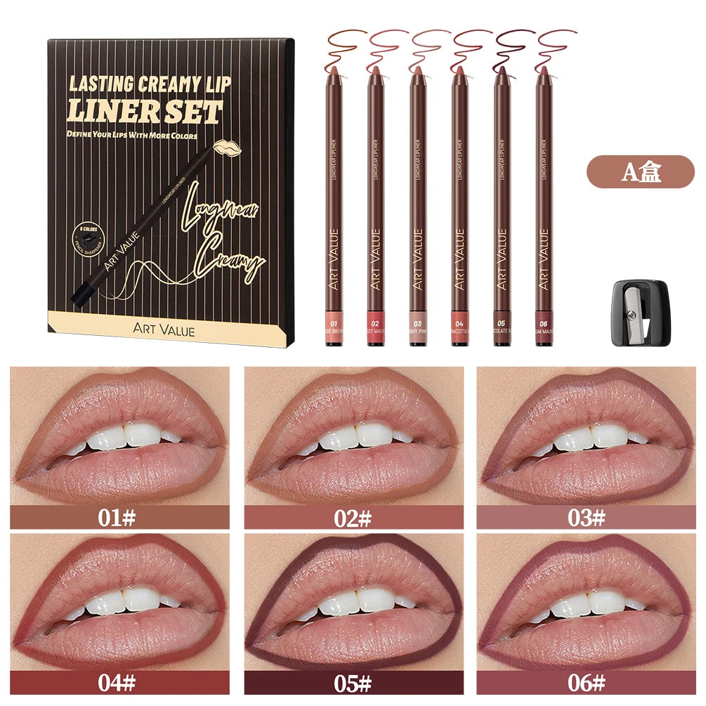 ART VALUE 6 Colors Nude Lipstick Pencil Makeup Sets Waterproof Lasting Sexy Red Lip Liner Pen Matte Lip Contour Pen Lip Stain Qme A Set