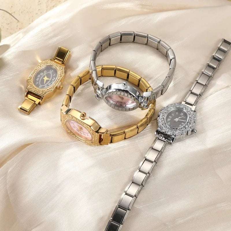 Y2K Vintage Golden High Quality Oval Shiny CZ Stainless Steel Watch Bracelet Women's 9MM DIY Italian Charm Bangle Jewelry Gifts Qme