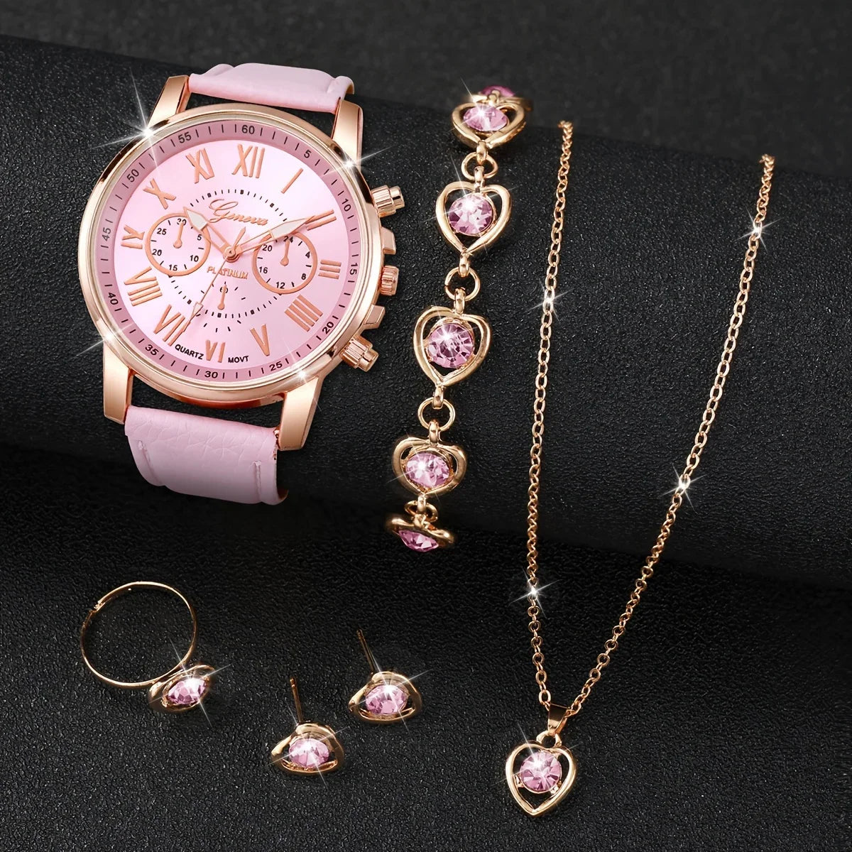 6PCS/Set Fashion Women's Quartz Watch Leather Band Analog Wrist Watches Heart Rhinestone Jewelry Set(Without Box) Qme