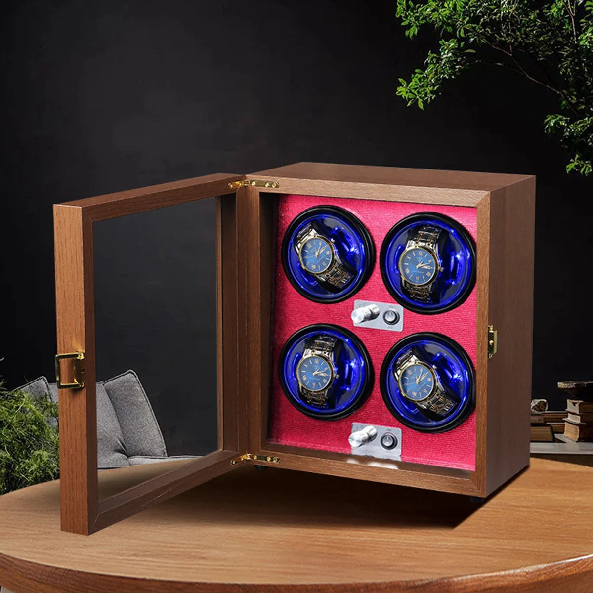 2 4 Slots Wood Watch Winder High-End Automatic Watche Box Mute Motor Watch Cabinet Clock Storage LED Jewelry Store DisplayBox Qme F-4 Slot-5 Speed