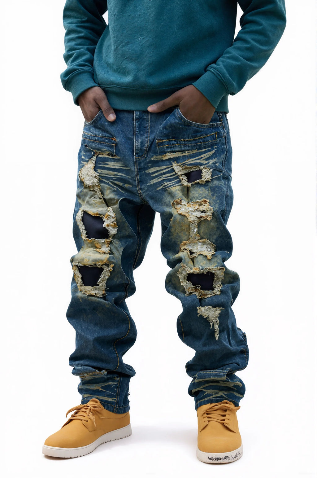 Plus-size Dark Street Style Ripped Jeans, Gradient Wash, Men's Extra Loose Trendy Pants Qme