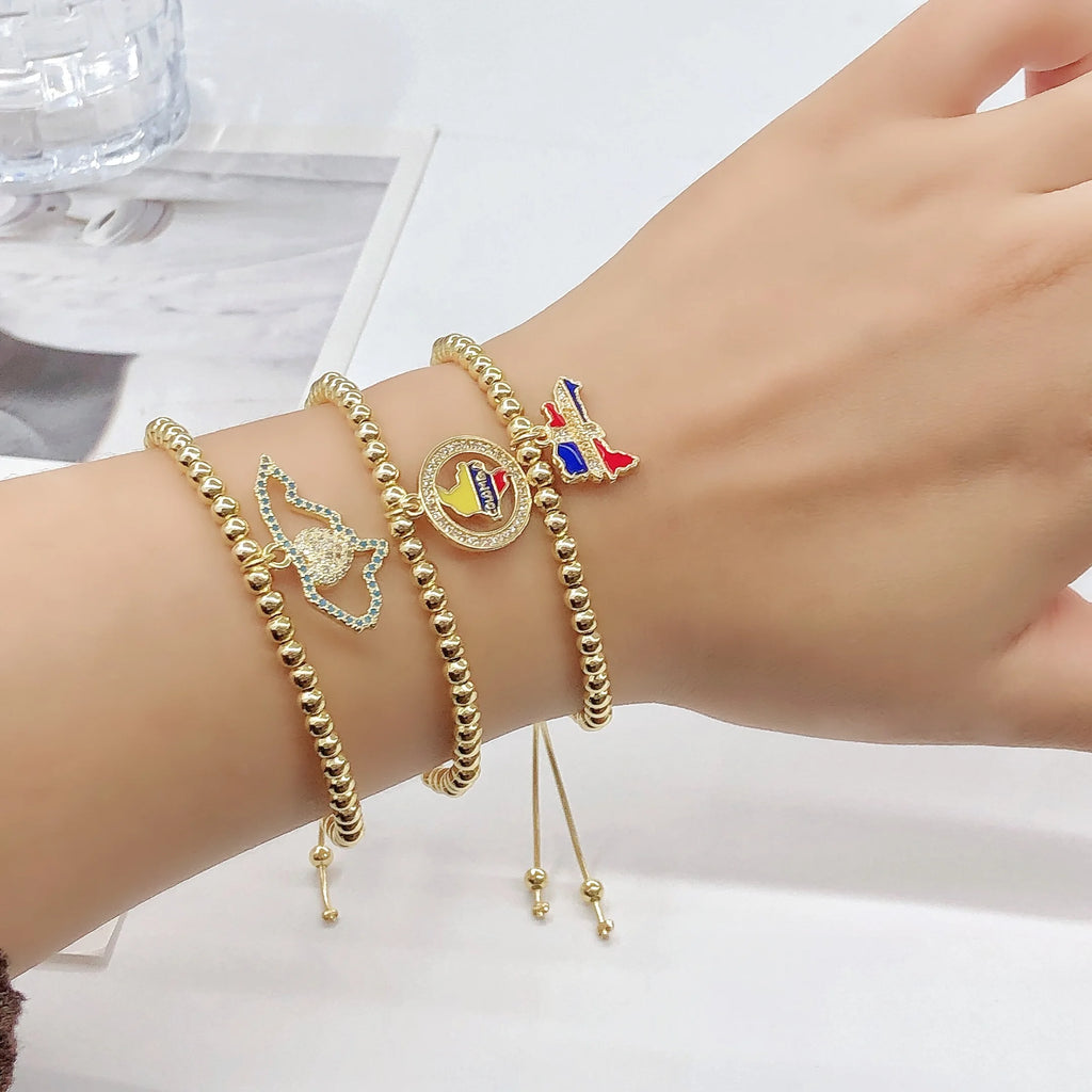 Gold-Plated Copper Bead Chain Venezuela Colombia Dominican Map Flag Bracelet Classic for Men Women Holiday Anniversary Jewelry Qme
