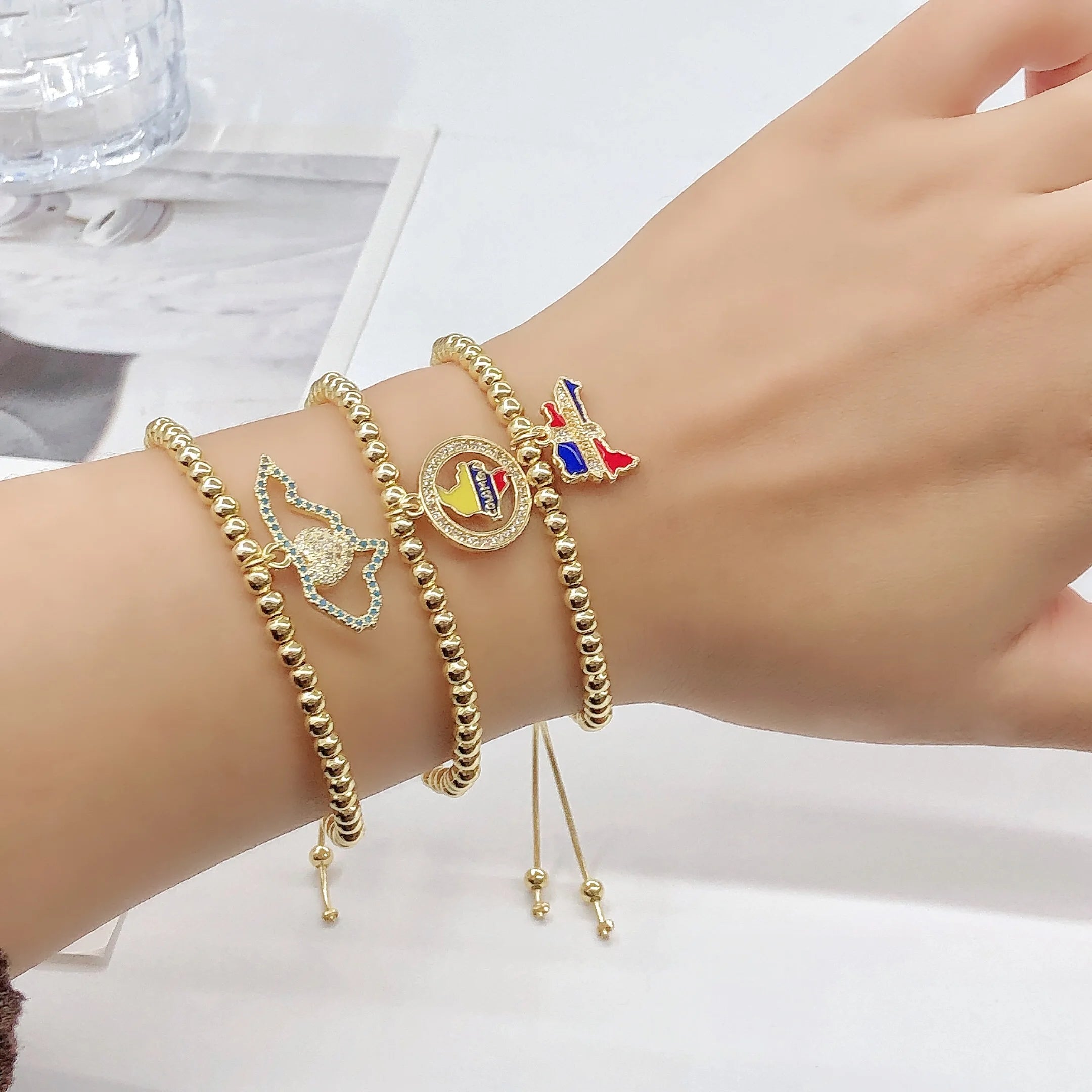 Gold-Plated Copper Bead Chain Venezuela Colombia Dominican Map Flag Bracelet Classic for Men Women Holiday Anniversary Jewelry Qme