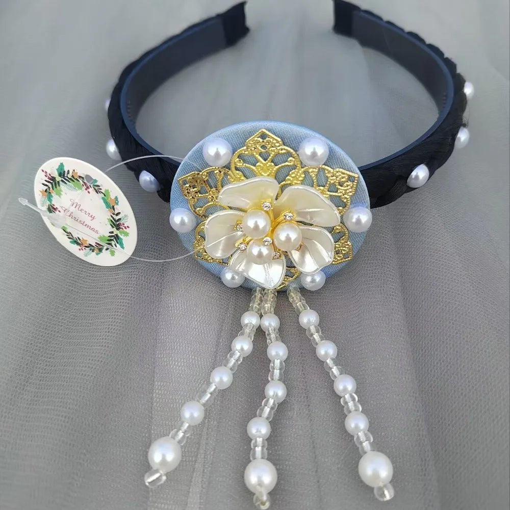 Fashion Flower Korean Headband Pearl Tassels Hanbok Hairband Qme light blue