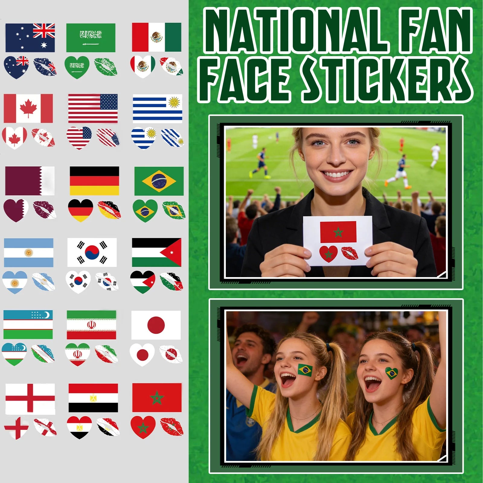 National Flag Football Fan Temporary Tattoos Face Body Decorative Stickers Event Cheering Props Suitable for Adults and Children Qme