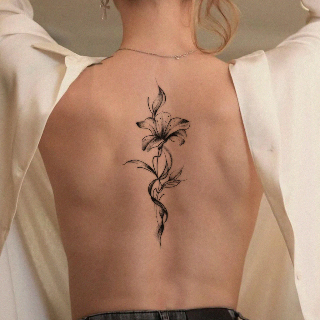 Black Lily Tattoo Sticker, Temporary Tattoo, Cold High-End Floral Back Strip, Waterproof Body Art for Women, Long-Lasting Design Qme