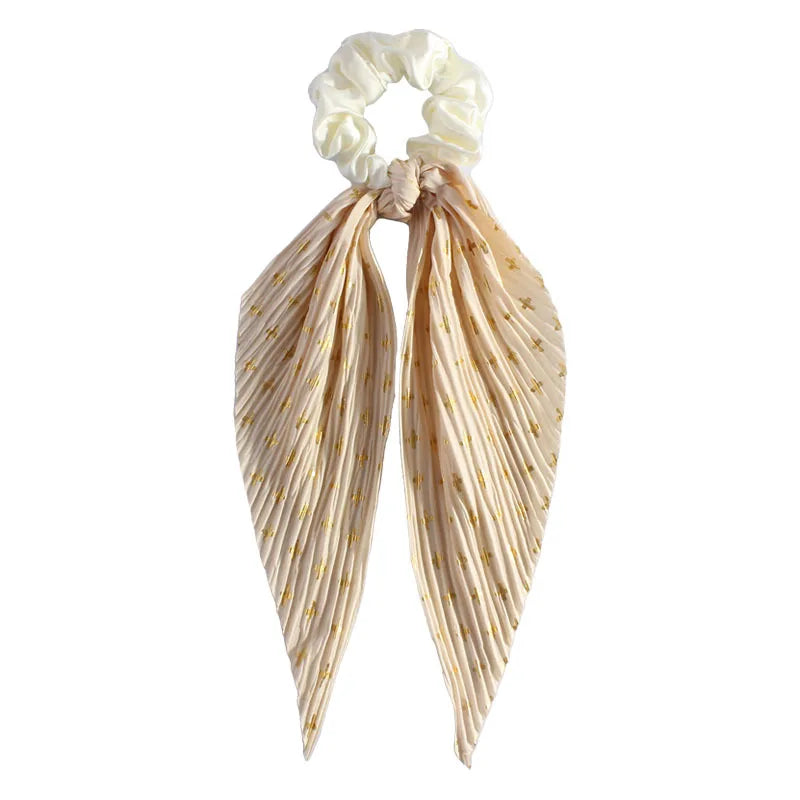 Handmade Pleated Hair Scrunchie with Long Ribbon,Elastic Hair Tie for Girls,Retro Ponytail Hair Rope Fashion Hair Accessories Qme Beige 5Pcs