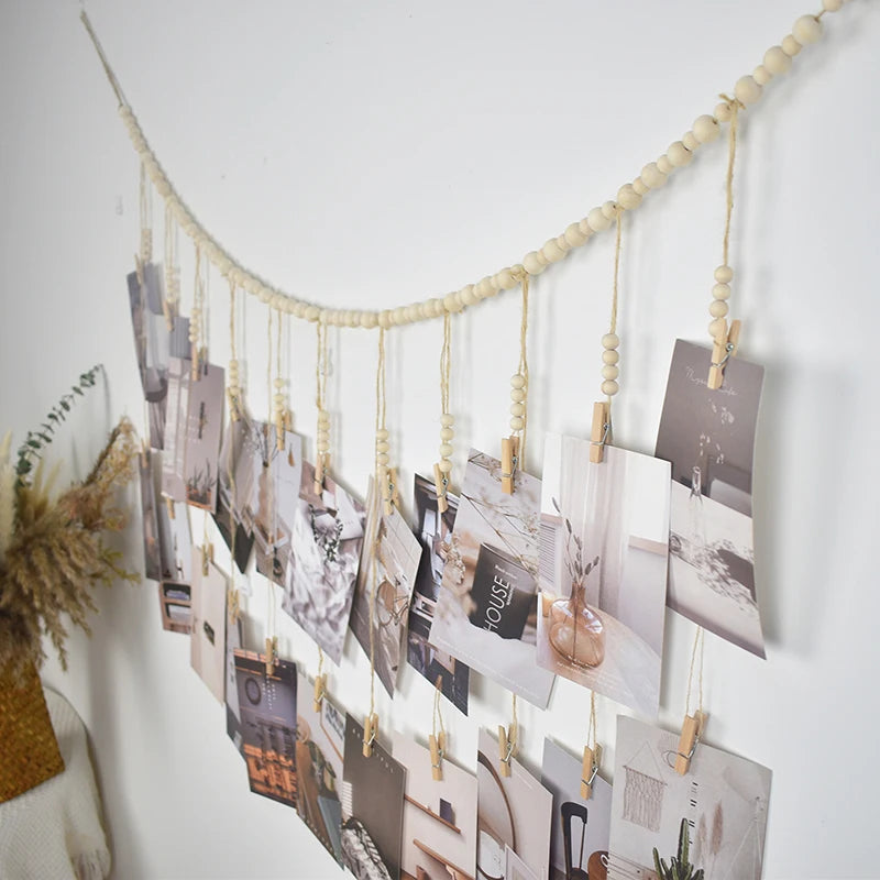 Photo Display Wall Hanging Decor Boho Home Decoration Wooden Beads Qme